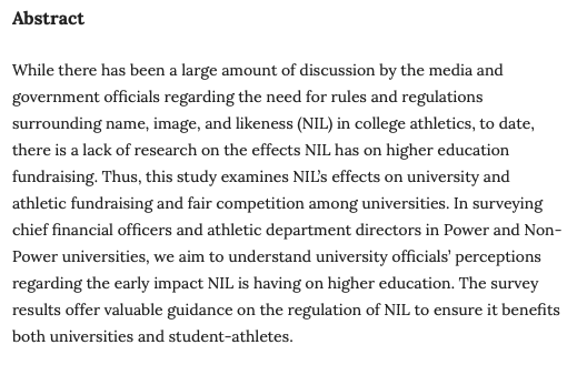 JofInterSport's tweet image. Our final 2024 article:
NIL and Higher Education: An Exploration of the Early Impact of NIL on Fundraising and Competition in Universities and Athletic Departments
Wesley Meares, Lance Hunter, Martha Ginn, and William Hatcher
doi.org/10.17161/jis.v…