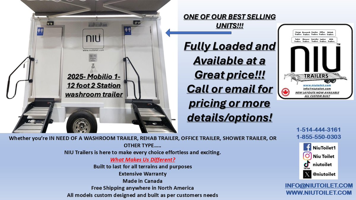 One of our #bestsellers NT-2025-Mobilio 2- 2 Station #washroomtrailer #mobilewashroom #fullyloaded #freeshipping #madeincanada #extensivewarranty #greatprice #fastdelivery (shown here with Exterior Awning) #emergencyservices #publicwashroom #trailers #governmentprocurement