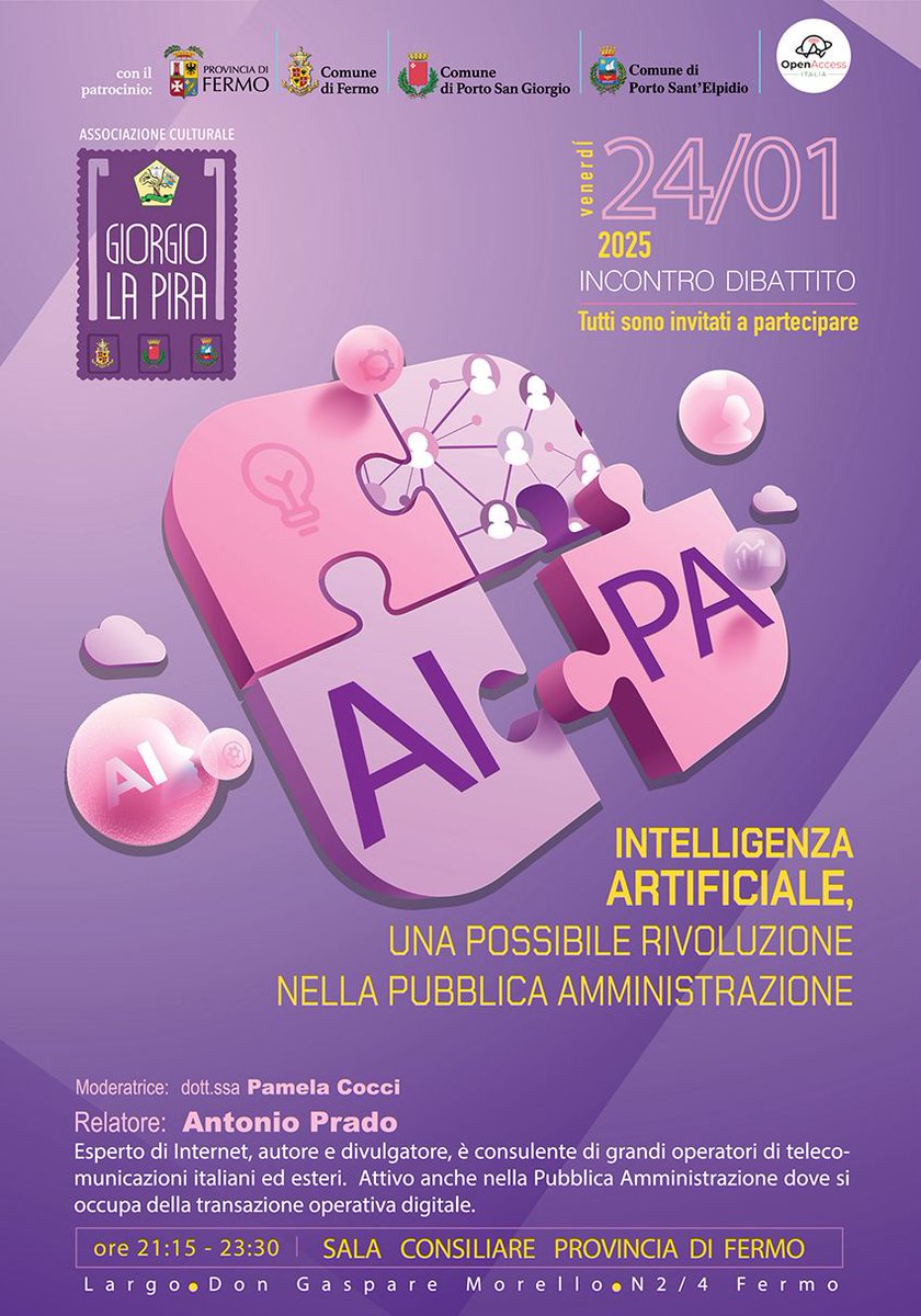 "IA, una possibile rivoluzione nella Pubblica Amministrazione", con il nostro <a href="/antoniopradoit/">Antonio Prado</a> 
Grazie all' Associazione Culturale "Giorgio La Pira" di Porto San Giorgio

Venerdì 24 gennaio 2025, ore 21:00 presso la Sala Consiliare della Provincia di Fermo