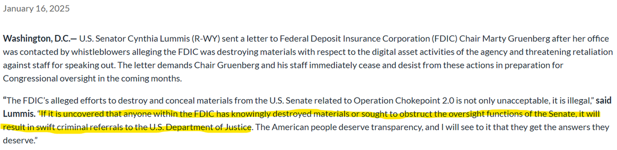 CaitlinLong_'s tweet photo. 🚨🚨🚨 @SenLummis JUST THREATENED CRIMINAL REFERRALS for FDIC staff if they destroyed documents related to #OperationChokePoint2.0: "I have also been informed by whistleblowers that staff access to these materials is being closely monitored by management to prevent them from being supplied to the Senate before they can be destroyed, and that certain staff have been threatened with legal action to prevent them from  speaking out. This is illegal and unacceptable..."
https://t.co/sdyoj0efb5