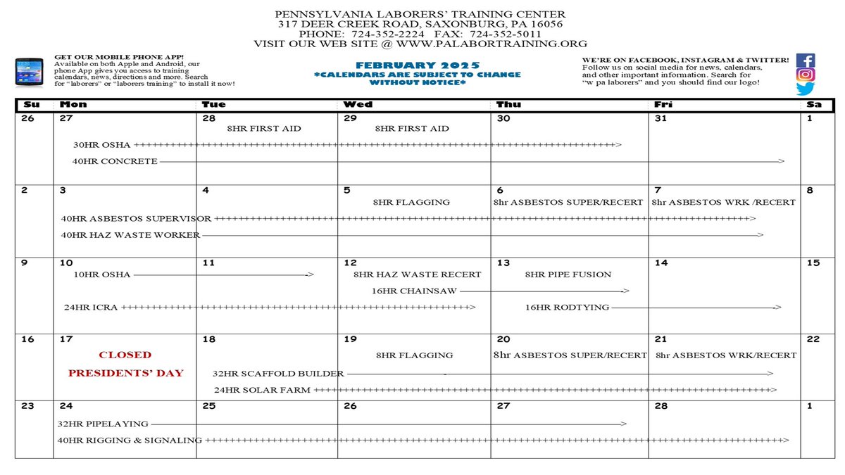 The February calendar is now out. Come on up for a full slate of classes, including Asbestos, Concrete, Flagging, Hazardous Waste, OSHA, &amp; ICRA, to name a few. Get out of the cold and get into the training! Call now to schedule. 724-352-2224