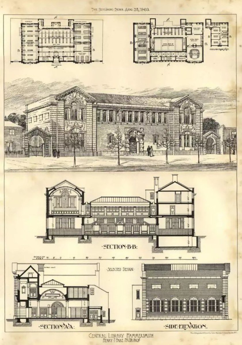 OldLondonW14's tweet photo. Hammersmith Library looks great tonight with the stained glass lit up. Here are the architectural design plans for Hammersmith Library on Shepherds Bush Road, which was funded through a Carnegie grant. Narrowly escaped closure a few years ago. #UseYourLocalLibrary https://t.co/BtMIx8nMS0