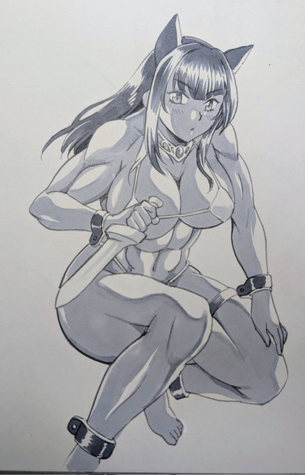 この間描いた戦闘奴隷モノのイメージ。攻撃力が高いので防備はほとんど身につけてません。お肌は褐色。 