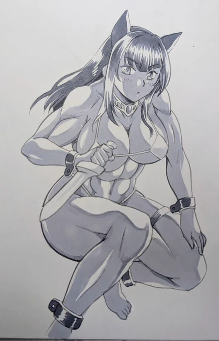 この間描いた戦闘奴隷モノのイメージ。攻撃力が高いので防備はほとんど身につけてません。お肌は褐色。 