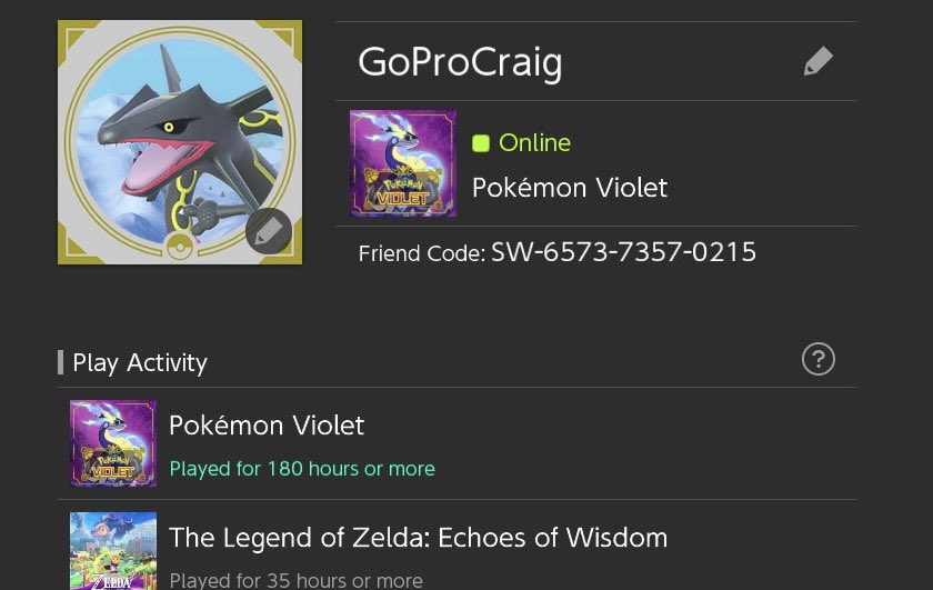 GoProCraig's tweet image. Pretty stoked for Nintendo Switch 2! Anyone want to become friends in preparation? I’ll be playing Pokemon Legends: Z-A for sure! #NintendoSwitch2 #FriendCode #Pokemon #Nintendo
SW-6573-7357-0215
