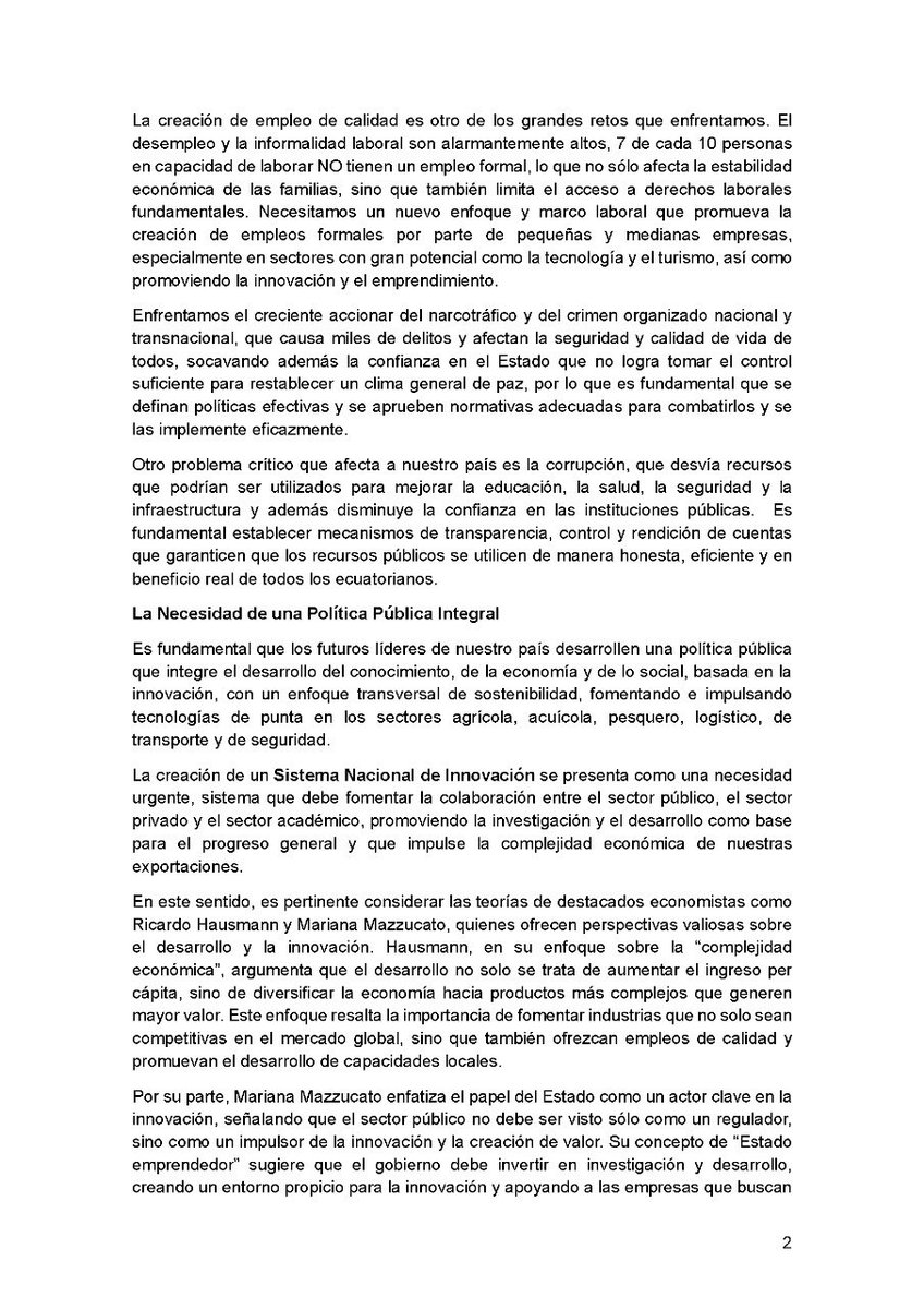 sergio_flores's tweet photo. Carta abierta a los candidatos presidenciales de Ecuador 2025

https://t.co/bSbnkVmkVR

Si estás de acuerdo con los planteamientos sobre una política pública integral para el desarrollo del país, haz RT y etiqueta a tu candidato presidencial

#Elecciones2025 #EleccionesEcuador

@AndreGonzalezNa @DanielNoboaOk @enriquegomezec @EscalaJorge @ftabacchir @henrycucalon @HenryKronfle  @JuanIvanCuevaEc @ivansaquicela @jimmyjairala @LeonidasIzaEc @LuisaGonzalezEc @LuchoTilleria @PedritoExtranja @rabascallcarlos @VctorAraus1