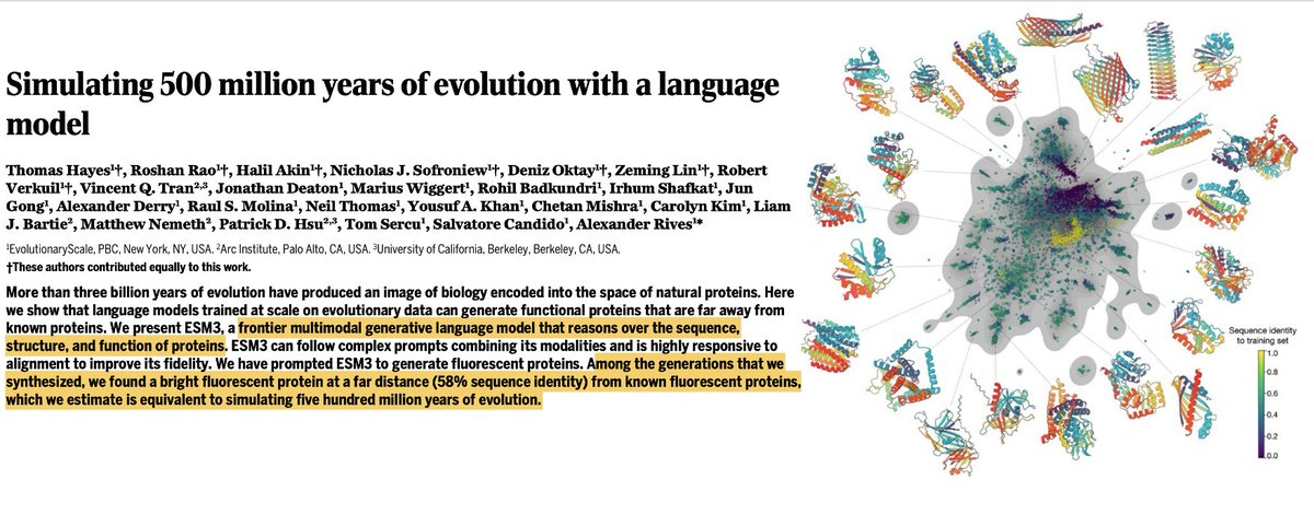 Eric Topol (@erictopol) on Twitter photo Whoa! When a large language of life model generates a protein equivalent to ~500 million years of evolution. <a href="/ScienceMagazine/">Science Magazine</a>
science.org/doi/10.1126/sc…
<a href="/THayes427/">Thomas Hayes</a> <a href="/proteinrosh/">Roshan Rao</a> <a href="/EvoscaleAI/">EvolutionaryScale</a> <a href="/arcinstitute/">Arc Institute</a> <a href="/UCBerkeley/">UC Berkeley</a> Whoa! When a large language of life model generates a protein equivalent to ~500 million years of evolution. <a href="/ScienceMagazine/">Science Magazine</a>
science.org/doi/10.1126/sc…
<a href="/THayes427/">Thomas Hayes</a> <a href="/proteinrosh/">Roshan Rao</a> <a href="/EvoscaleAI/">EvolutionaryScale</a> <a href="/arcinstitute/">Arc Institute</a> <a href="/UCBerkeley/">UC Berkeley</a>