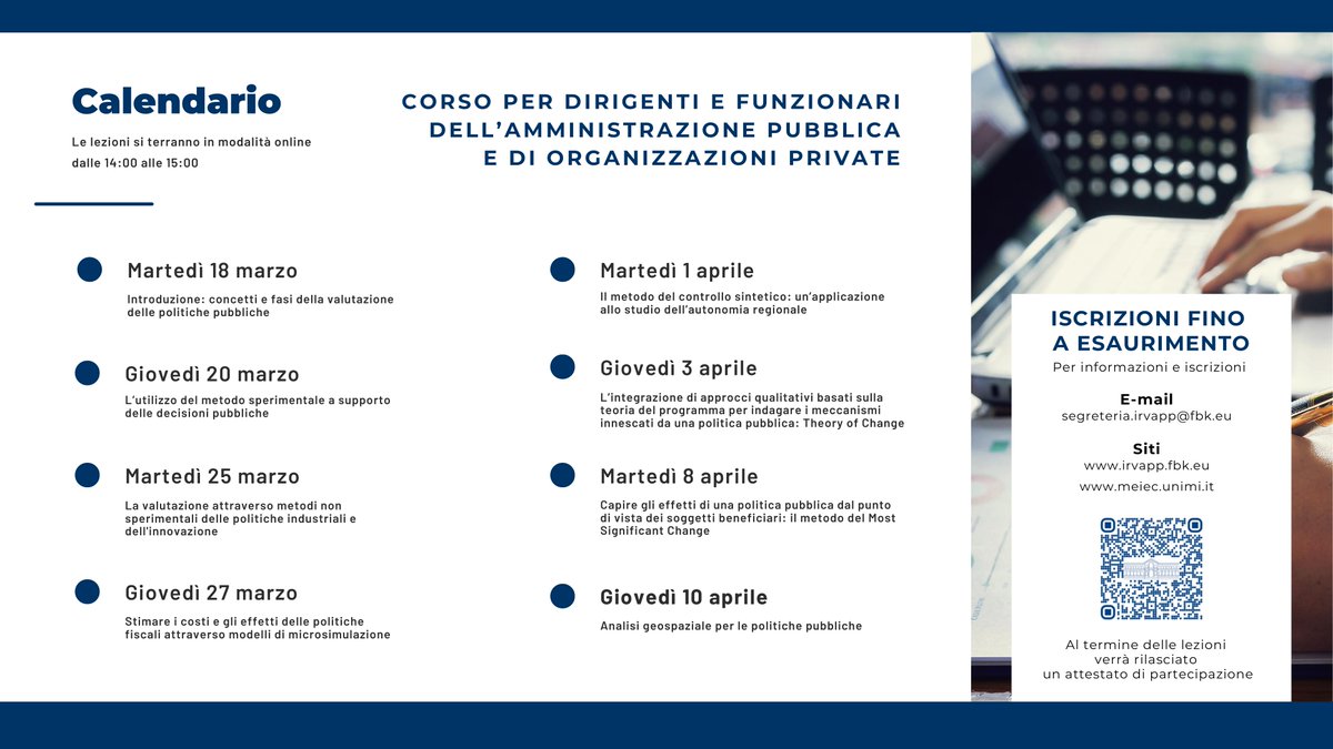 FBK-IRVAPP (@fbkirvapp) on Twitter photo 📣 📣 📣 Sono aperte le iscrizioni alla terza edizione del 'Corso sulla Valutazione di Impatto delle Politiche Pubbliche'. Il corso è online e gratuito.
Per maggiori informazioni consulta il nostro sito: irvapp.fbk.eu/it/trainings/d…
Oppure scrivici a: segreteria.irvapp@fbk.eu 📣 📣 📣 Sono aperte le iscrizioni alla terza edizione del 'Corso sulla Valutazione di Impatto delle Politiche Pubbliche'. Il corso è online e gratuito.
Per maggiori informazioni consulta il nostro sito: irvapp.fbk.eu/it/trainings/d…
Oppure scrivici a: segreteria.irvapp@fbk.eu