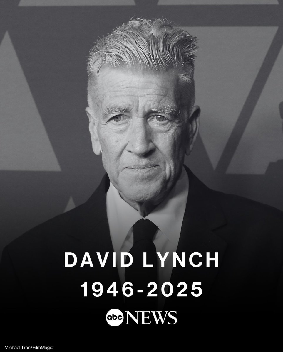 ABCWorldNews's tweet photo. BREAKING: David Lynch, the Oscar-nominated director of films including "Eraserhead," "Blue Velvet" and "Mulholland Drive," and co-creator of the cult drama series "Twin Peaks," has died. He was 78.

Read more: https://t.co/TEKy4H4Sc0 https://t.co/XoOMn2YVll