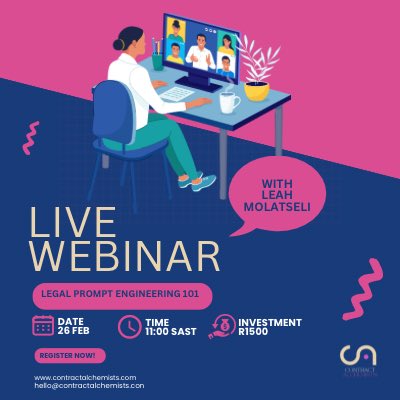 ContractAlc's tweet photo. We’re up and excited to host our first webinar for the year. We’re we will focused on helping lawyers navigate Legal Prompt Engineering. 

Discounted rates available until 31 January! 

Register here:
🔗 https://t.co/K6c1kcTB3U

#Lawyers #law #ai https://t.co/QWOlb0EXUD