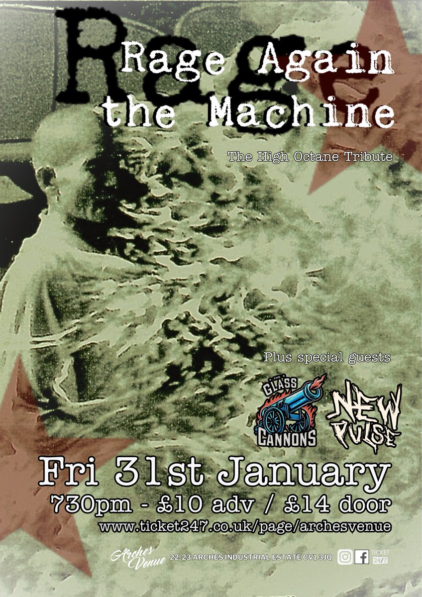 Arches Venue (@archesvenuecov) on Twitter photo Counterstrike Promotions presents high-octane Rage Against the Machine tribute Rage Again the Machine this January, bringing the spirit and sound of RATM! 🤘
Supported by indie rock sensation <a href="/GlassCannons/">The Glass Cannons</a>, and New Pulse! 🎸
#rageagainstthemachinetribute #archesvenue #coventry Counterstrike Promotions presents high-octane Rage Against the Machine tribute Rage Again the Machine this January, bringing the spirit and sound of RATM! 🤘
Supported by indie rock sensation <a href="/GlassCannons/">The Glass Cannons</a>, and New Pulse! 🎸
#rageagainstthemachinetribute #archesvenue #coventry