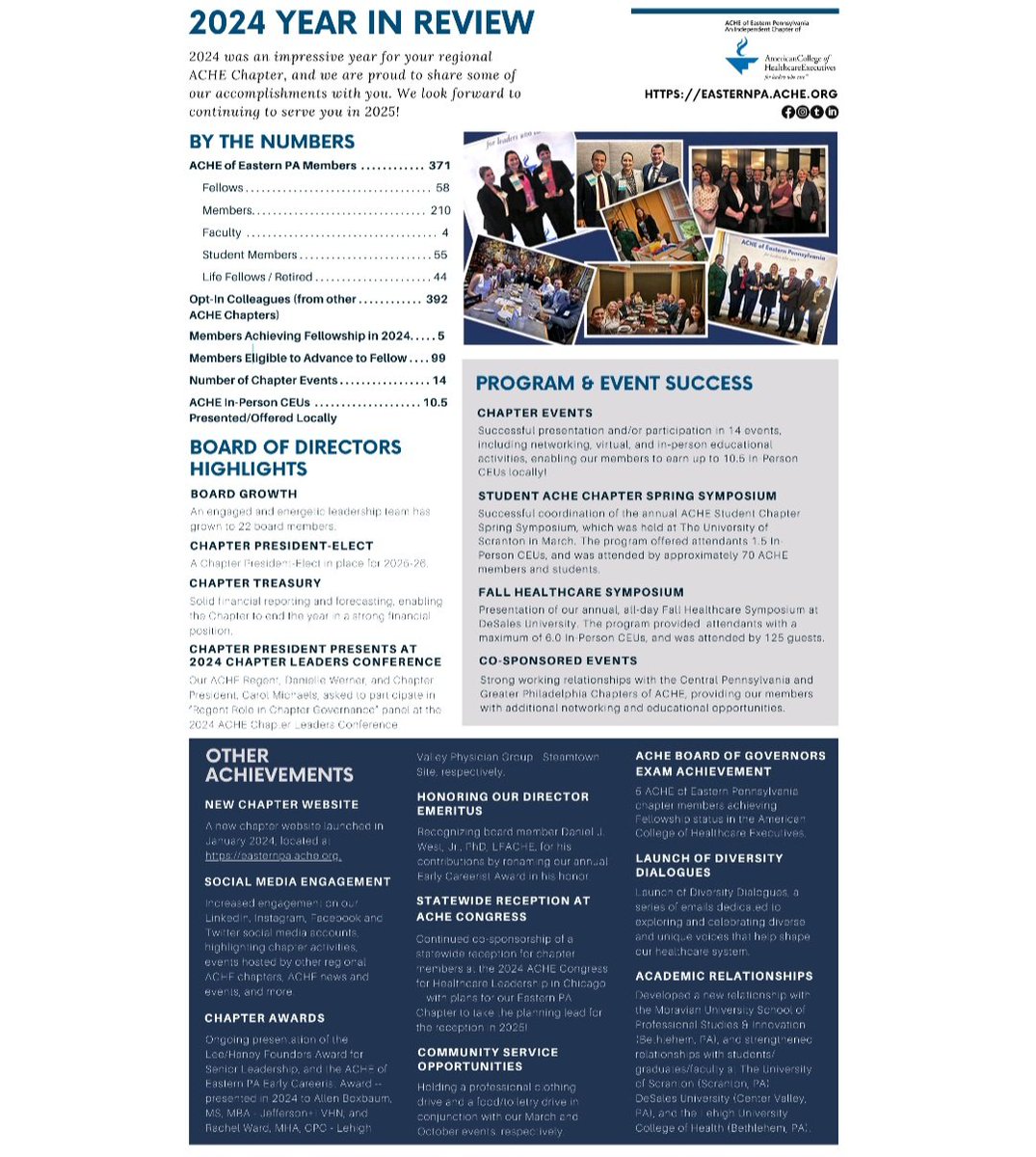 EasternPA_ACHE's tweet photo. Your ACHE of Eastern PA Board of Directors had an exceptionally active and productive year in 2024, and we are pleased to share our 2024 Year in Review, showcasing the key accomplishments of our chapter! https://t.co/EfZZ93cYR4