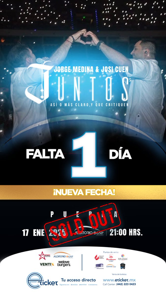 RDNoticias01's tweet photo. 💥FALTA 1 DÍA💥
GRACIAS #PUEBLA UN SOLD OUT MÁS DE @Jorge Medina y @Josi Cuen ¡JUNTOS!
🗓️ 17 ENERO 2025
📌 Auditorio GNP Seguros
🕘 21:00 hrs
INVITAN:
@weloveburgers (Parque Puebla)
@Ventix Espectáculos
@Star Media Consulting
@Bacha Promotora
#Ventix #Puebla #Concierto https://t.co/UMONA9AGtS