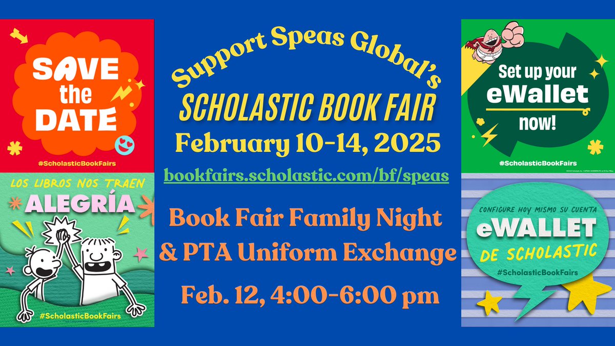 SpeasGlobal's tweet photo. The Scholastic Book Fair is coming! SAVE THE DATE for Our Book Fair Family night and PTA uniform exchange will be Feb. 12 from 4-6. Start exploring together: https://t.co/eqr8PgoKa7
 #ScholasticBookFairs #SpeasBeesRead https://t.co/0o9vGWZXaZ