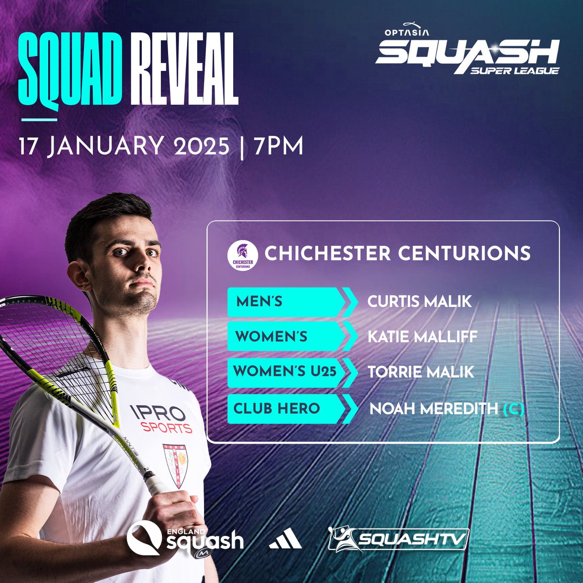 🔥 Tomorrow's Squash Super League squad for the Chichester Centurions!

<a href="/curtis_malik/">Curtis Malik</a>, <a href="/KatieMalliff123/">Katie Malliff</a>, <a href="/Torrie_Malik03/">Torrie Malik</a> &amp; Noah Meredith represent the West Sussex-based team 🙌

The Centurions take on the Knights at 19:00 on Friday - live on <a href="/SquashTV/">SQUASHTV</a> 📺

#squashsuperleague