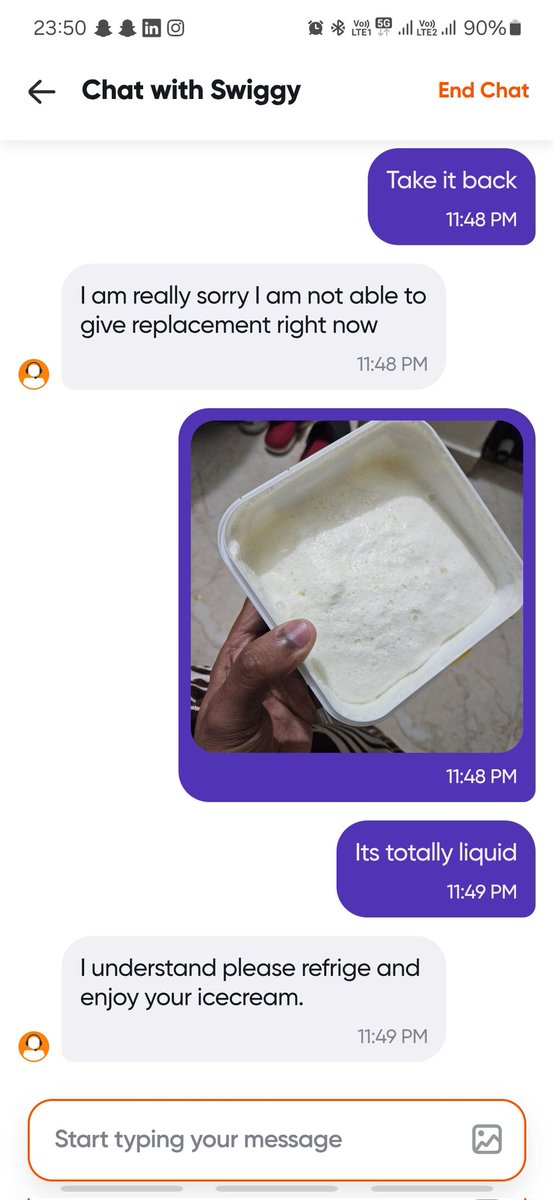 nayan16gupta's tweet photo. "please refridge and enjoy your ice cream" this is what the executive at @SwiggyCares @SwiggyInstamart has to say. In this cold winter, they managed to send completely melted ice cream. The executive denied a return and wants me to enjoy this after refridging. @jagograhakjago https://t.co/YkqGH4foNE