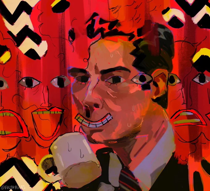 I drew this twin peaks fanart in 2020 after i watched it for the first time, i was really really sick and it was a crazy time in my life, it provided a lot of artistic inspiration and comfort :( thank u sm for your mark on the world David Lynch 
