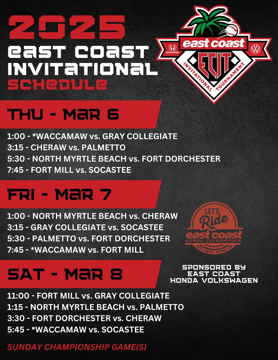 Waccamaw_bsbl's tweet photo. Coach Cam Schildt and the Waccamaw Baseball program are thrilled to announce our partnership with East Coast Honda-Volkswagen heading into the 2025 season!

🚨With this partnership, we will officially be renaming our preseason tournament to the East Coast Invitational Tournament! https://t.co/Mw7pHEvWQH