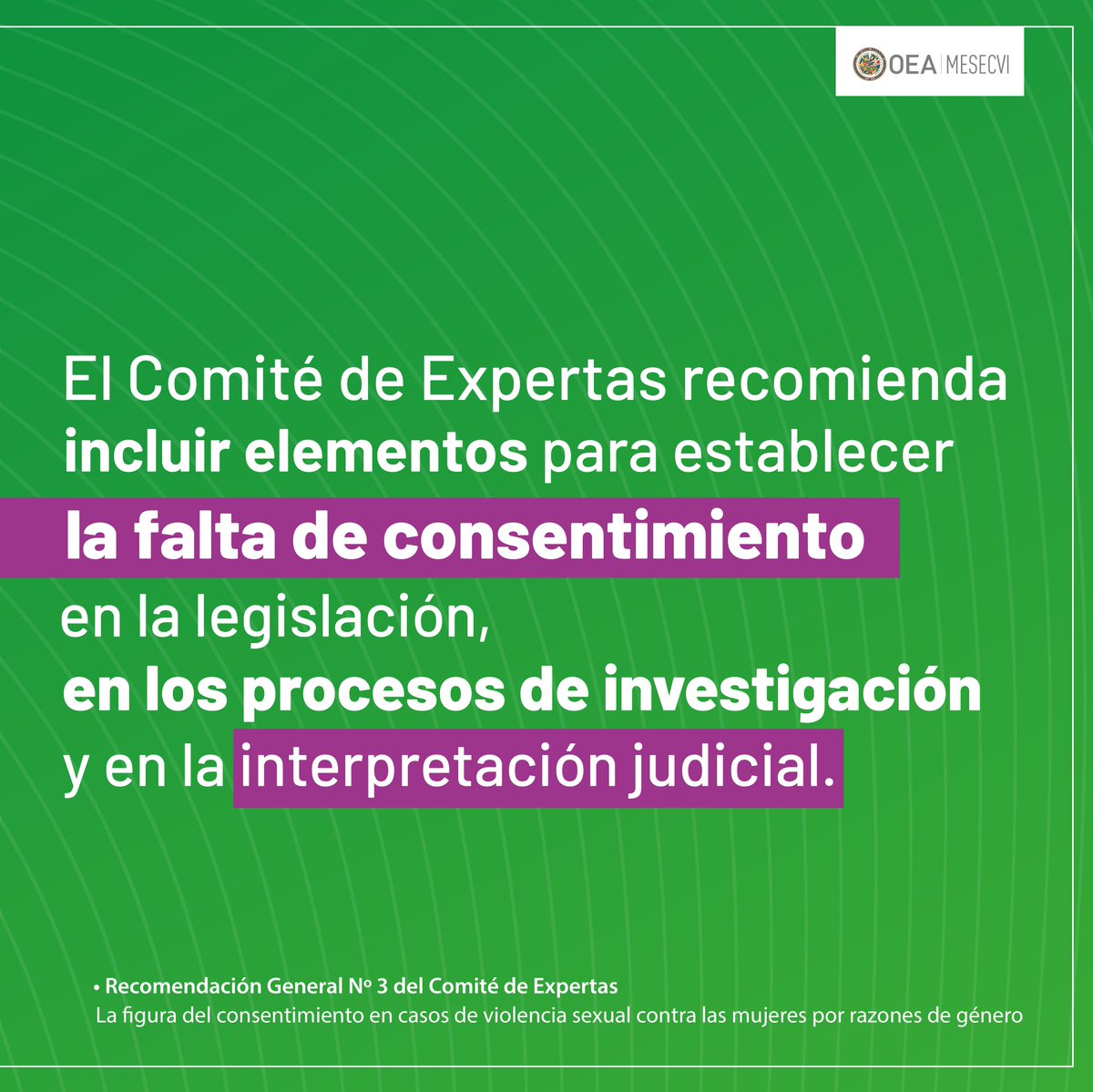 MESECVI's tweet photo. 📌 La figura del consentimiento es central en casos de violencia sexual 👉🏻 En su Recomendación General N°3, el #CEVI llama a los Estados a regular el consentimiento y la falta de este en los Códigos penales, considerando las relaciones de poder y las coacciones que lo invalidan. https://t.co/6CPGLaIiZ1