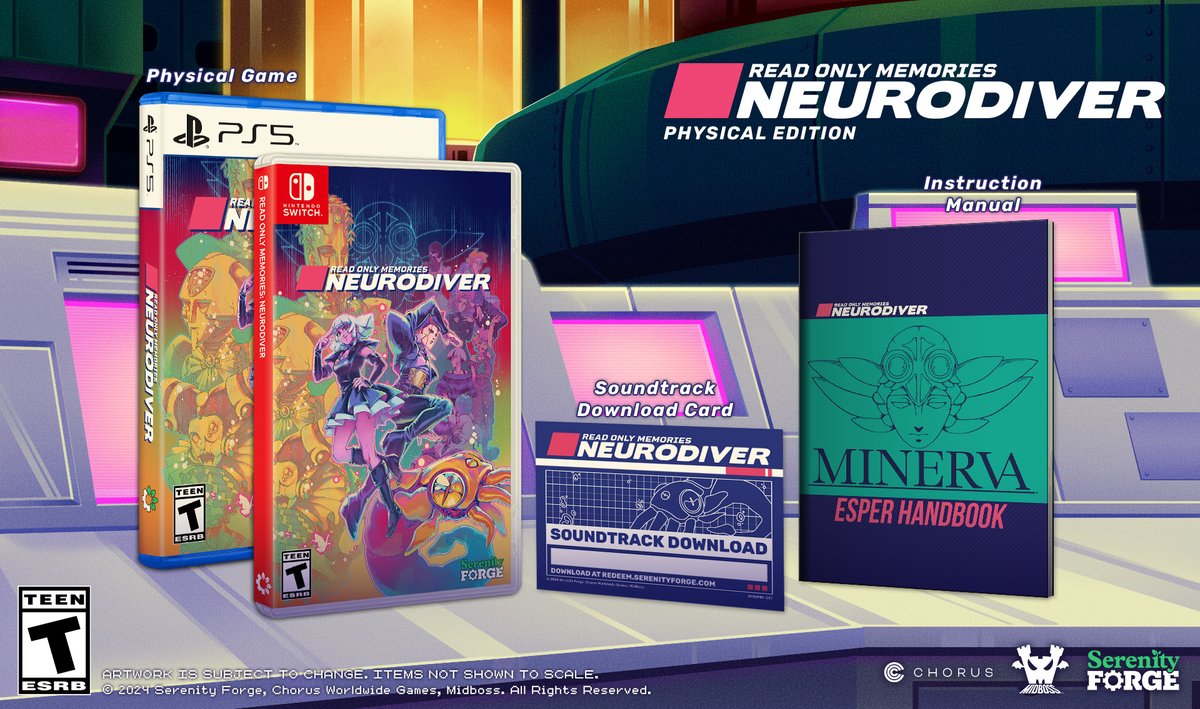 Our Physical Editions of Read Only Memories: NEURODIVER will hit store shelves on February 14th! 🩷✨

Take a peek at the goodies and collectibles that are included with both editions, like the adorable Neurodiver plush 🧸

Pre-order: store.serenityforge.com/collections/re…