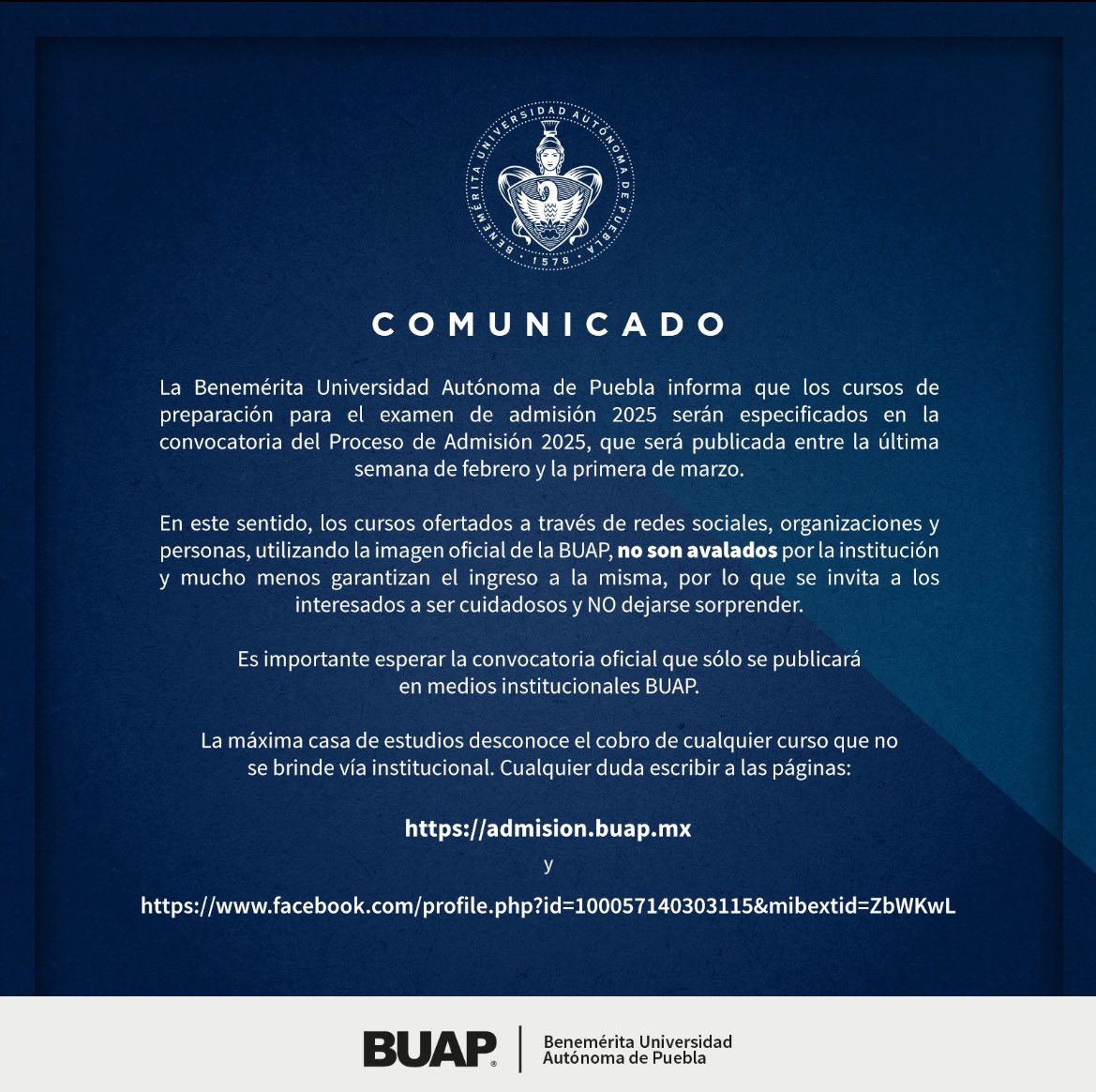 NotUltiMomento's tweet photo. La @BUAPoficial anuncia que los detalles sobre los cursos de preparación para el examen de admisión 2025 se especificarán en la convocatoria que será publicada la última semana de febrero y la primera semana de marzo. 

#Enterate 
#BUAP https://t.co/XaPI9LxTde