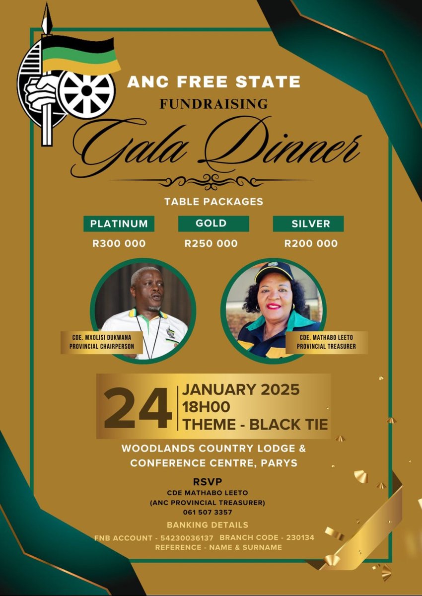 Invitation to the ANC Free State Fundraising Gala Dinner.
#ANC113
<a href="/ANCFS/">ANC Free State</a> 
<a href="/MYANC/">ANC - African National Congress</a>