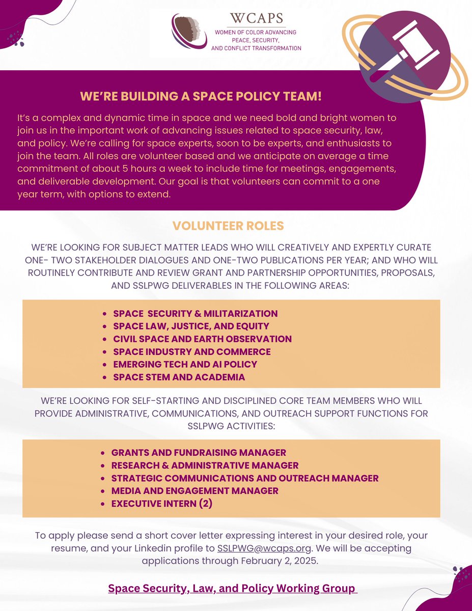 WCAPSnet's tweet image. Join the WCAPS Space Security, Law & Policy Team! Volunteer to tackle critical space issues like AI, equity, & security. Apply by 2/2/25: SSLPWG@wcaps.org.
Not a member? Join for free & be part of the change: wcaps.org/workinggroup/s…
#WCAPS #SSLPWG #SpacePolicy