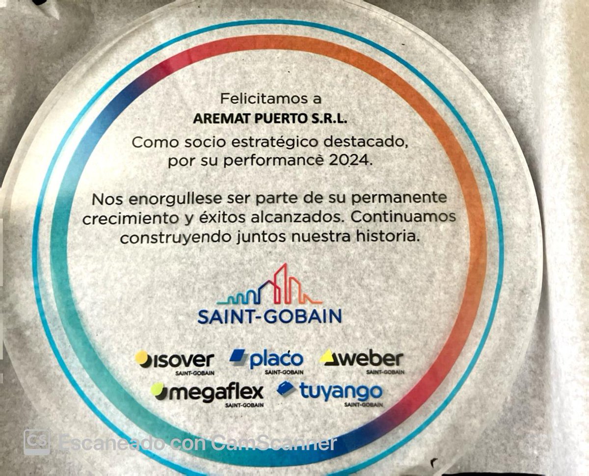 aremat_puerto's tweet photo. Estamos agradecidos de poder contarles que fuimos destacados por Saint-Gobain Argentina debido a nuestra performance de ventas 2024, como socios estratégicos 🤝
¡Gracias por confiar en nosotros y por permitirnos ser parte de su visión! 🥇
#AREMAT #SaintGobainArgentina #Socios2024 https://t.co/k1aJgHCdva