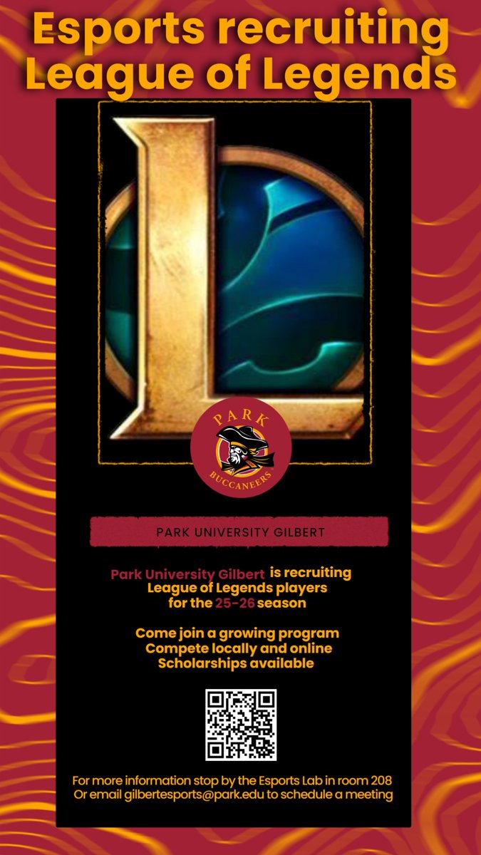 parkgesports's tweet photo. We are recruiting League of Legends players for the upcoming 2025-26 season. If you are interested in competing while also working on your degree let us know! #LetsGoBucs https://t.co/HsZEY0BYyO