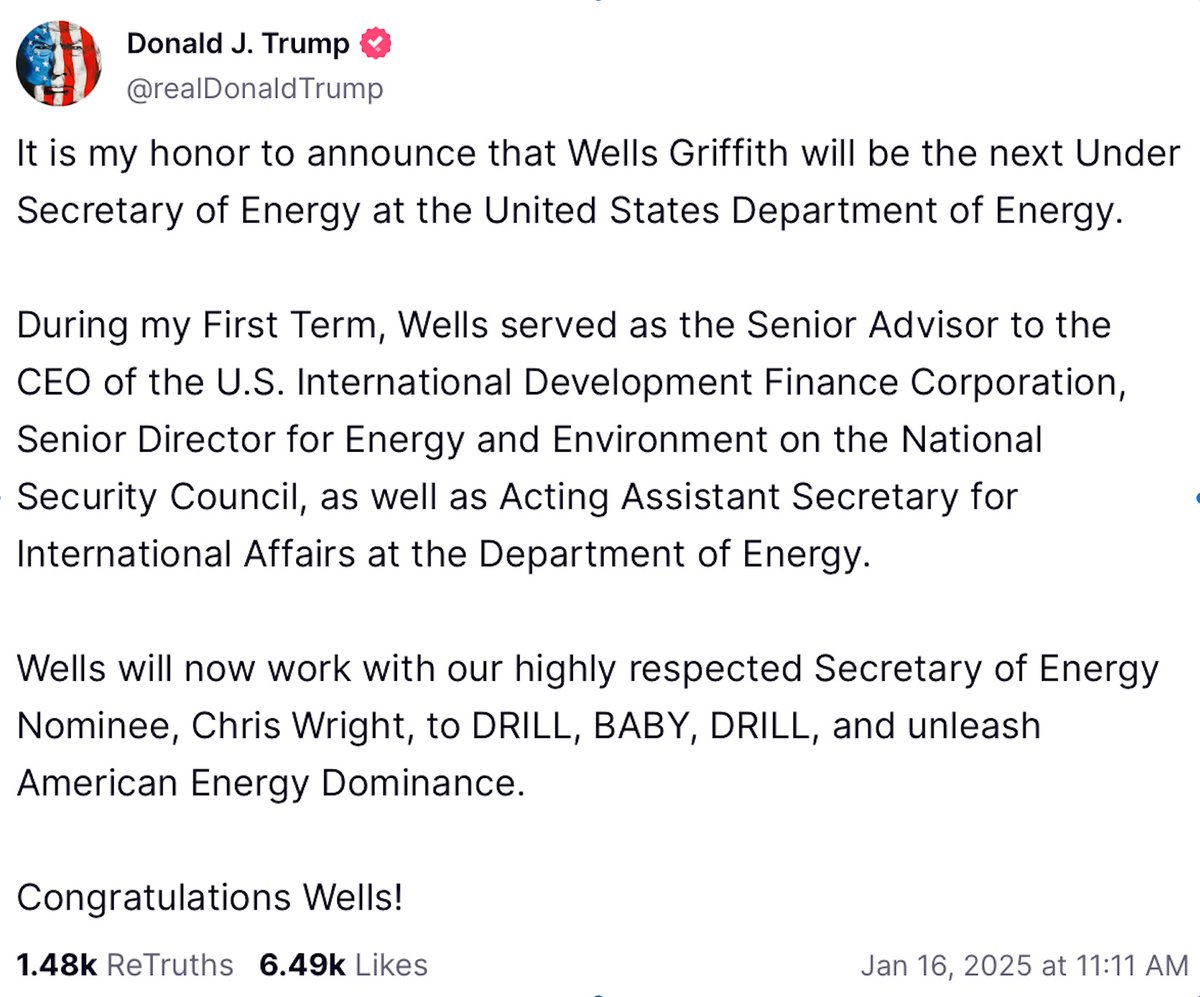 WellsGriffith's tweet photo. I am truly honored for the opportunity from @realDonaldTrump to serve the American people and work with his amazing team to unleash American Energy Dominance! https://t.co/jUPk0dz7OC