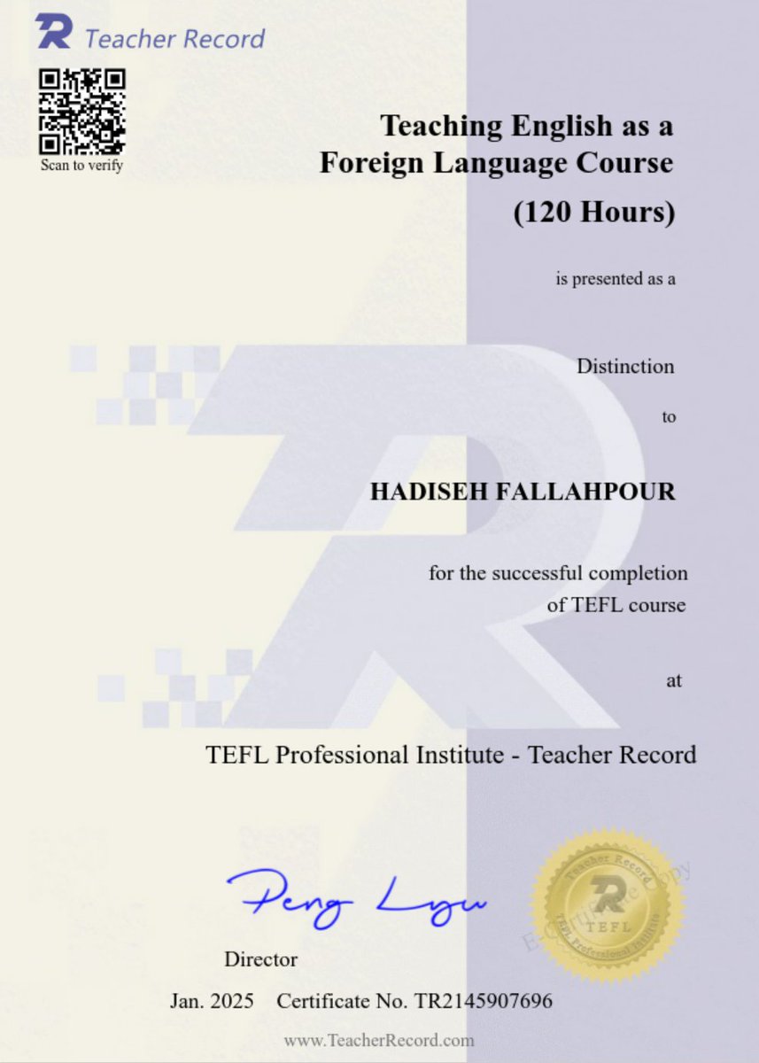 hadisehfallah's tweet photo. .
🌟 Introducing the 120-Hour TEFL Course 🌟
I'm excited to share that I've successfully completed the 120-Hour TEFL Course! 🎓 This course has been a game-changer in enhancing my teaching skills. a profession—it's a chance to connect with people and cultures worldwide. https://t.co/iBXdzQifGa