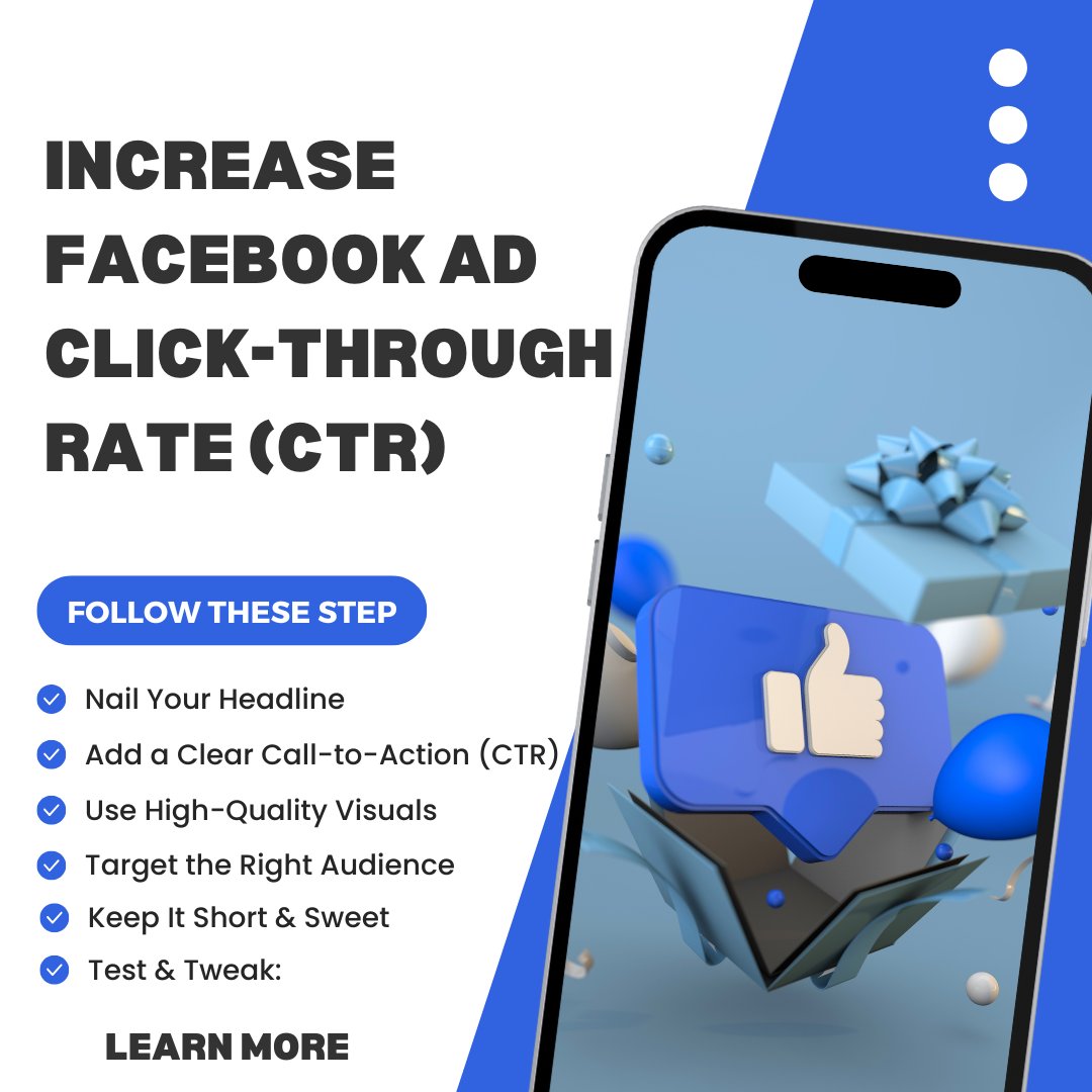 🚀How to increase Facebook ad click-through rate!(CTR) 💡

✅ Nail Your Headline
✅ Use High-Quality Visuals
✅ Add a Clear Call-to-Action (CTA)
✅ Target the Right Audience
✅ Keep It Short &amp; Sweet
✅ Test &amp; Tweak
#FacebookAds
#IncreaseCTR #AdPerformance #CTRBoost #TargetedAds