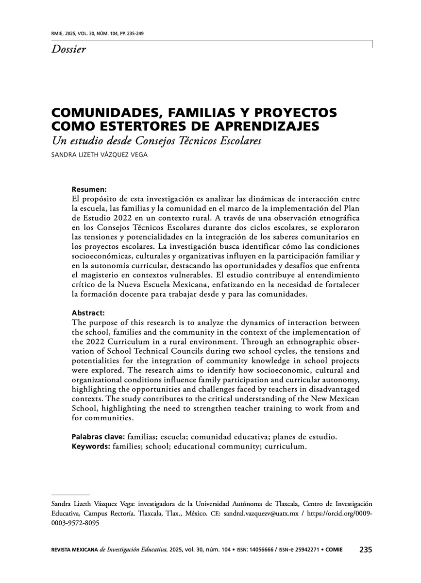 CIEUATx's tweet photo. 📝 "Comunidades, familias y proyectos como estertores de aprendizajes: un estudio desde Consejos Técnicos Escolares" (2025)

🏛 Un artículo de @Sandve3 (@CIEUATx) en la RMIE, editada por el @comiemx

📎 Descargar 👉🏽 https://t.co/57bdIDWZeo 

#InvestigaciónEducativa
#TrabajoDelDía https://t.co/pDt7t1QVmF