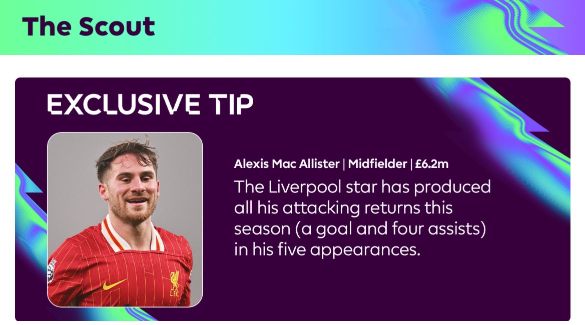 KnightManagers's tweet photo. The Scout’s exclusive tip this week 🚨 

Alexis Mac Allister has produced attacking returns when on the pitch 🙌 https://t.co/46WZVHGWro