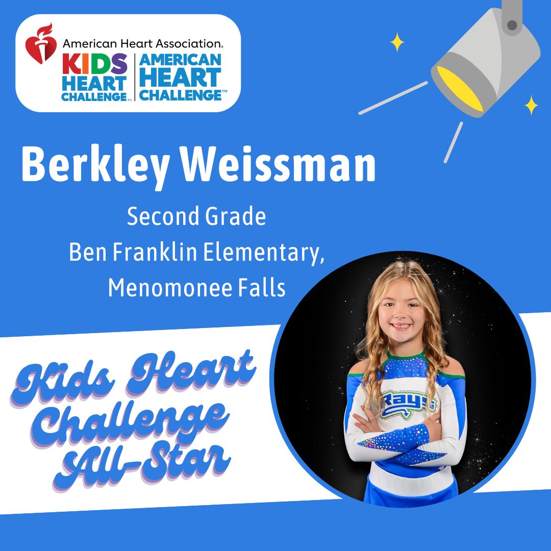 AHAWisconsin's tweet photo. CONGRATULATIONS to Berkley Weissman, the daughter of Ryan and Brianna, Menomonee Falls, and a second grader at Ben Franklin Elementary School, for reaching #KidsHeartChallenge All-Star status as a top fund-raiser last year! 

Thank you, Berkley! ❤️ https://t.co/FKxCGFVHMB