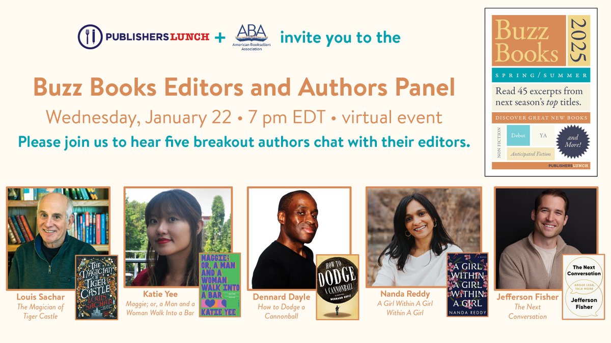 Join <a href="/BuzzBooksPL/">Buzz Books/Publishers Lunch</a> as they discuss some of the exciting new reads hitting shelves this Spring/Summer! 📚✨ #HowtoDodgeaCannonball author <a href="/See_More_Evil/">Dennard Dayle / Blind Monkey</a> will be part of the panel on January 22nd. Don't miss it! Register now and tune in here: lu.ma/jkcoie6p