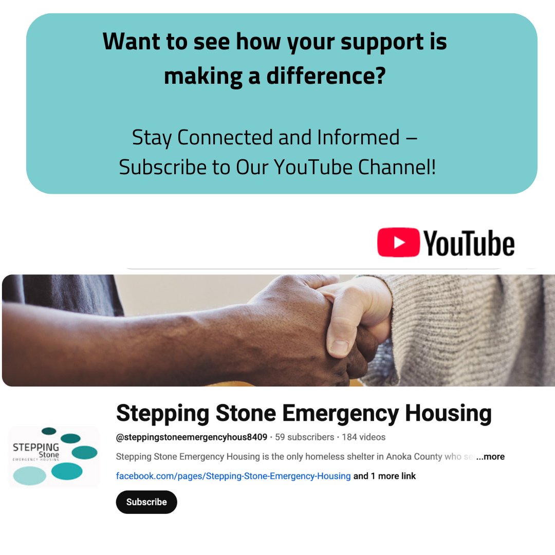 SteppingStoneEH's tweet photo. Subscribe and get exclusive updates on our programs, success stories from residents, special event highlights, and more. https://t.co/cZqJZEr1oe  #youtube #endhomelessness #stayinformed https://t.co/PcMCOoj72K