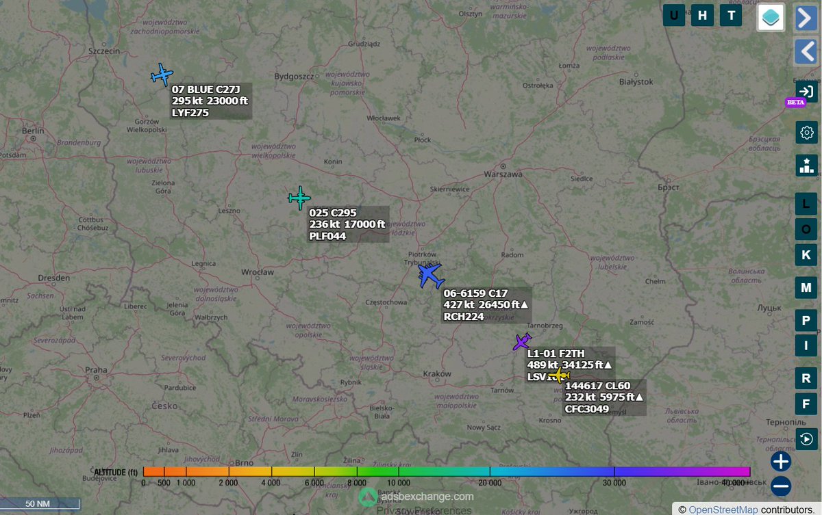 PolishMilRadar's tweet photo. Evening activity in EPWW airspace:
1. #USAF C17 #RCH224 dep from EPRZ,
2. Lithuania AF #C27J #LYF275 from Brussels to Lithuania,
3. Slovenian AF #F2TH dep from EPLB,
4. Canadian AF #CC-144C dep from EPRZ to EDDM,
5. Polish AF #C295 from Brussels to EPWA https://t.co/Y6yoCrJOiR