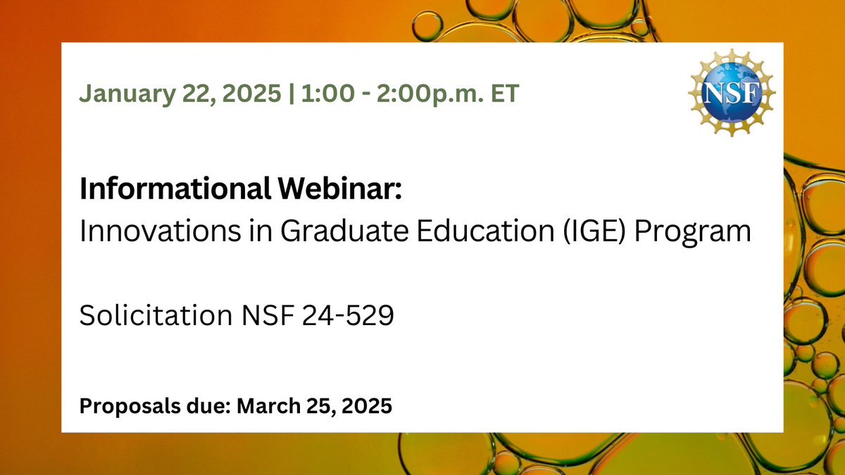 NSF ECR Hub (@ecrhub) on Twitter photo Join <a href="/NSF/">U.S. National Science Foundation</a> on Jan. 22 from 1:00-2:00 p.m. ET for a webinar about the Innovations in Graduate Education (IGE) program.
The IGE Program is designed to encourage development and implementation of new approaches to STEM graduate training.
Learn more: new.nsf.gov/events/ige-inf… Join <a href="/NSF/">U.S. National Science Foundation</a> on Jan. 22 from 1:00-2:00 p.m. ET for a webinar about the Innovations in Graduate Education (IGE) program.
The IGE Program is designed to encourage development and implementation of new approaches to STEM graduate training.
Learn more: new.nsf.gov/events/ige-inf…
