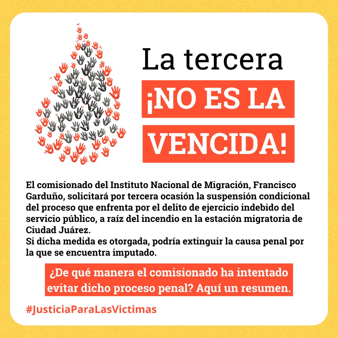 #NoFueElIncendioFueElEstado
⚠️ Por tercera ocasión, el Comisionado del <a href="/INAMI_mx/">INM</a>, <a href="/fgymexico/">Francisco Garduño Yañez</a> solicitará la suspensión condicional del proceso que enfrenta por el incendio en la estancia migratoria de #CiudadJuárez. ¿Qué ha pasado con el caso y por qué es importante esta