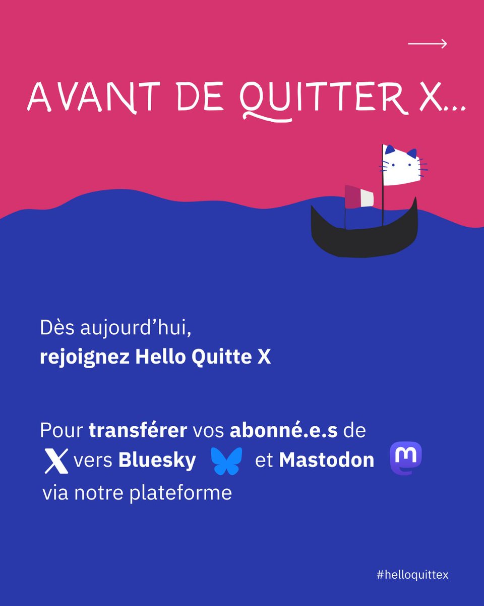 Escape-X FR (@helloquittex) on Twitter photo 🚨J-4 avant l'#eXit du #20Janvier 🚨
Vous souhaitez nous rejoindre et quitter <a href="/X/">X</a> ? Mais  avez-vous pensé d'abord à sauvegarder votre communauté pour la retrouver sur #BlueSky ou #Mastodon ?
AVANT de supprimer votre compte #Twitter, passez d'abord par app.helloquitx.com 😻 🚨J-4 avant l'#eXit du #20Janvier 🚨
Vous souhaitez nous rejoindre et quitter <a href="/X/">X</a> ? Mais  avez-vous pensé d'abord à sauvegarder votre communauté pour la retrouver sur #BlueSky ou #Mastodon ?
AVANT de supprimer votre compte #Twitter, passez d'abord par app.helloquitx.com 😻