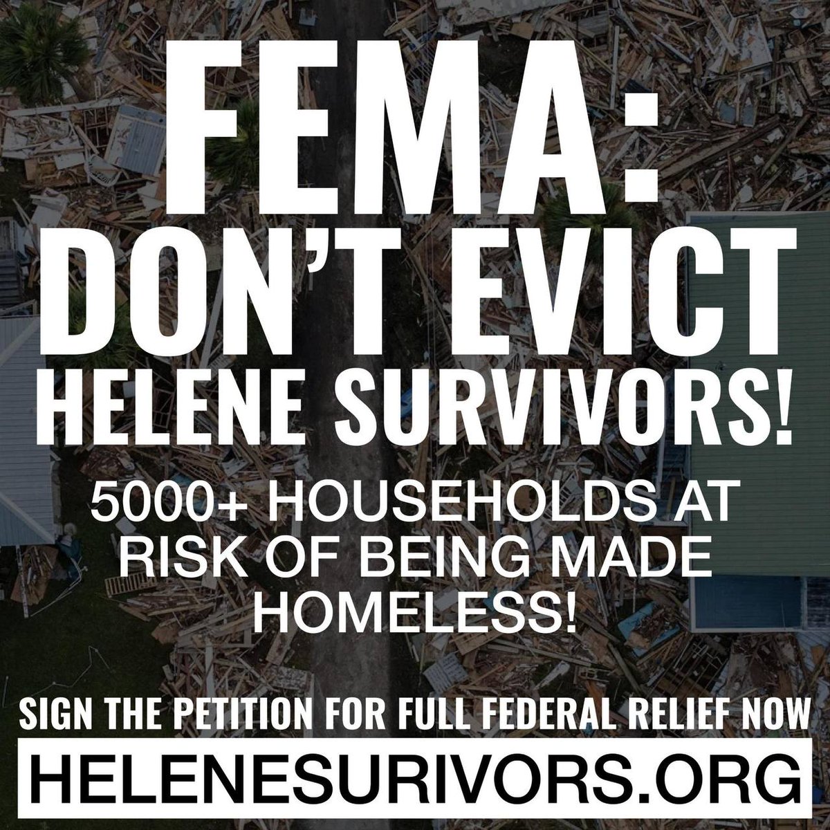 pslnational's tweet photo. ‼️FEMA: Don’t Evict Helene Survivors! 

On January 25th, over 5,000 households are at risk of being made homeless due to FEMA's decision to end their Transitional Sheltering Assistance (TSA) program. Two days ago many of these people were already kicked out even though the vast majority of those in the program have nowhere to go and it’s freezing outside. 

Now, the residents have launched a petition and formed the Helene Survivors Committee, demanding that FEMA

1. Extend hotel vouchers until each resident has the ability to obtain secure housing.

2. Use funds to repair and build permanent housing for all residents who have lost their homes

3. Provide sufficient shelter, food, and heat for any resident who has already been made homeless.

➡️Sign the petition at https://t.co/7ntwzLTI5J