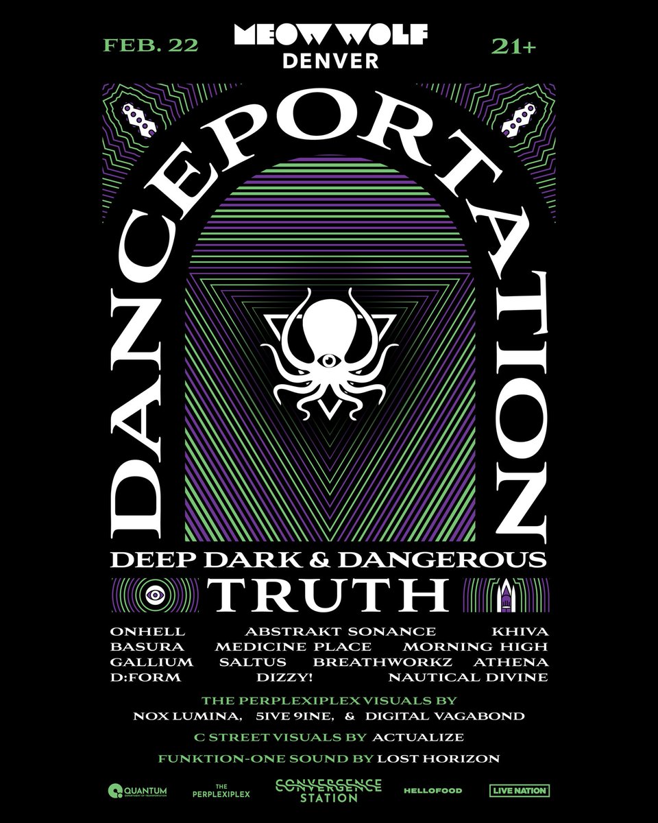 DeepDarkDanger's tweet photo. DDD Meow Wolf full lineup reveal is HERE! 

Please welcome dubsteppers Basura, Medicine Place, Galium, Athena to the party! Also joining us are pixel slingers Nox Lumina, 5ive 9ine, Digital Vagabond, and Actualize!

Prepare yourselves for a full venue immersion at Meow Wolf - with the entire exhibit at our disposal, including 4 stages of music, towering Funtion-One systems, two secret pop up stages yet to be discovered & more! 🐙🕳️✨🙌🔥🔊👊