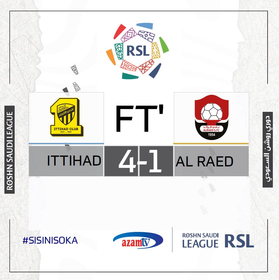 azamtvtz's tweet photo. MATOKEO | #RSL
FT: Al Ittihad 4-1 Al Raed FC
Ilikuwa LIVE #AzamSports2HD
#RoshnSaudiLleague #LigiKuuSaudiArabia #RoshnPremierLeague #SaudiArabiaPremierLeague #AlIttihadVsAlRaedFC #AlIttihad #AlRaedFC #ITTRAE https://t.co/2HM2bh5nqa