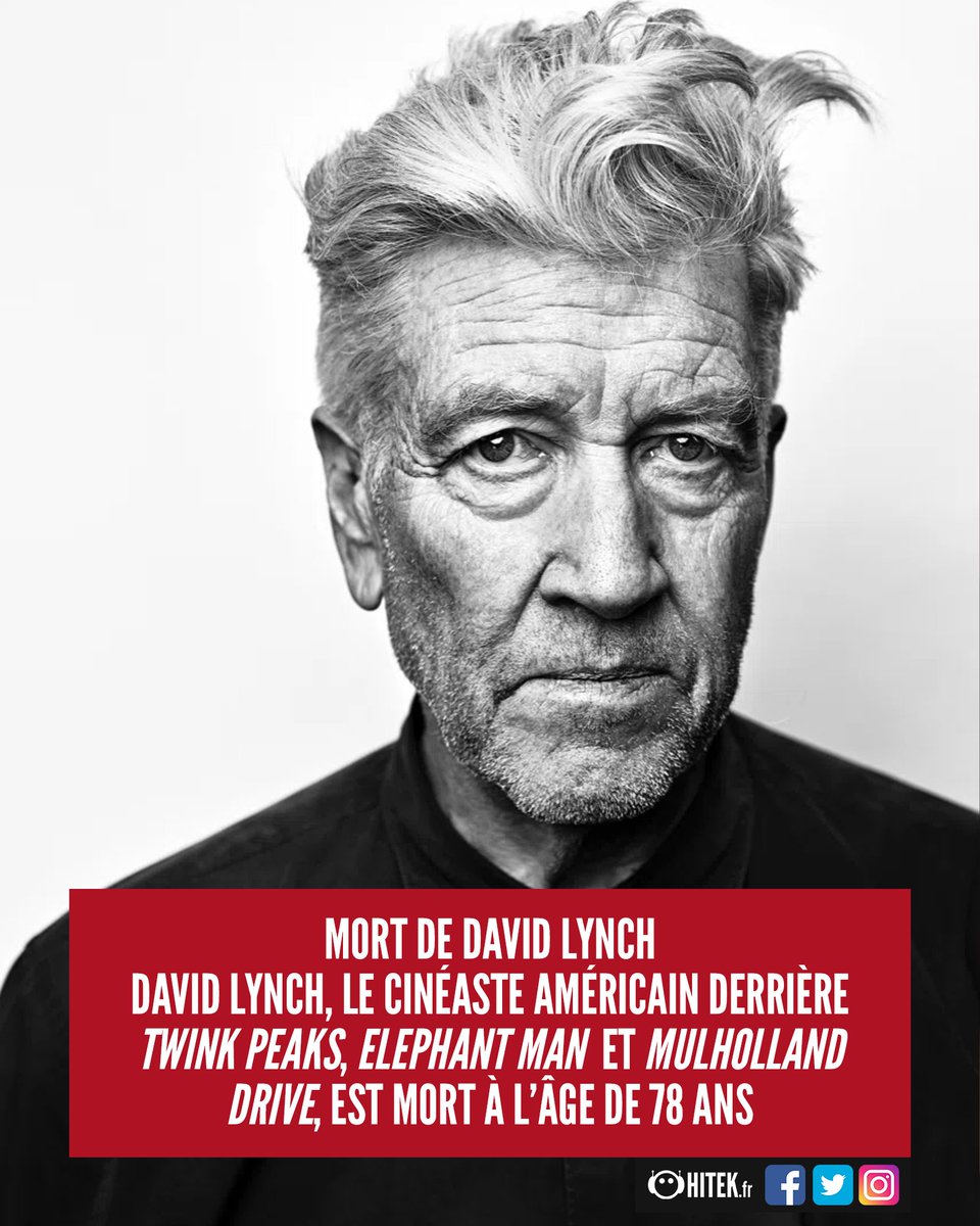 #RIP : Le réalisateur #DavidLynch est mort à l'âge de 78 ans. #TwinkPeaks, #MulhollandDrive ou encore #ElephantMan, c'était lui. Toutes nos pensées vont à ses proches. 🕊️