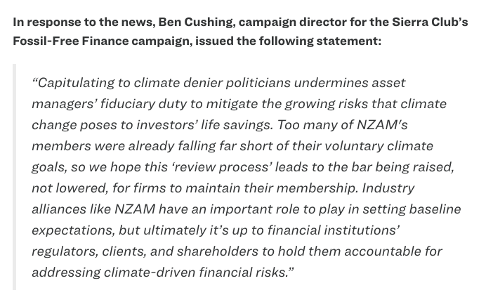 virginiainwa's tweet photo. Just days after @BlackRock ditched #NZAM, the initiative said it would suspend activities &amp; launch a review.

As @SierraClub's @bmcushing points out: With US financial institutions out of the picture, maybe it's a chance to *raise the bar*?

👉 Statement: https://t.co/VNC45lqUIx https://t.co/NwY4UvczjS