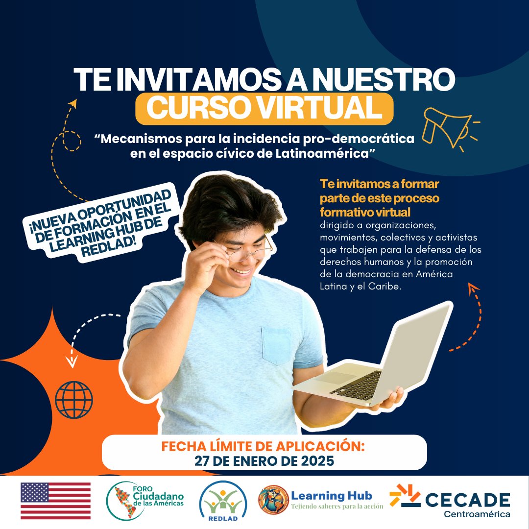 SCAlianzaMAS's tweet photo. 📢¡Únete al curso virtual "Mecanismos para la Incidencia Pro-Democrática en Latinoamérica" y aprende a generar cambios en tu comunidad! Además, obtén una certificación. 📃 ¡Inscríbete ya! 
https://t.co/vWShcJsN51 #cursogratis #incidencia #prodemocracia
@CECADEsv https://t.co/fG9yPmfk0P