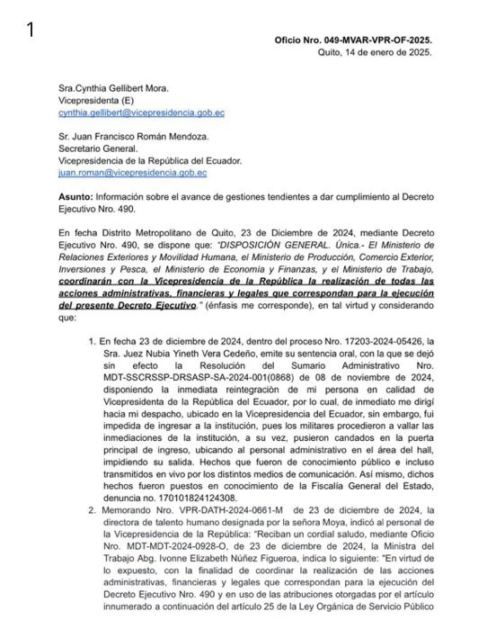 ecuainm_oficial's tweet photo. ‼️#URGENTE
Vicepresidenta @veroniabad denuncia que se le sigue negando el acceso a mi despacho en Vicepresidencia, pese a la sentencia escrita de jueza Nubia Vera y haber notificado a las diferentes instituciones públicas. Además, explica que Ivonne Núñez, ministra de Trabajo, dispuso a los servidores públicos de Vicepresidencia trabajar de manera telemática. Finalmente, indica “esperan que cumpla con las funciones asignadas por el Decreto #490, una contradicción (ándate pero no puedes); así que he tenido que consultar desde mi correo personal a la secretaria Cynthia Gellibert, me explique: ¿qué acciones se han realizado desde la Vicepresidencia para cumplir esta inconstitucional y discriminatoria disposición? Y no tengo respuesta hasta hoy”.