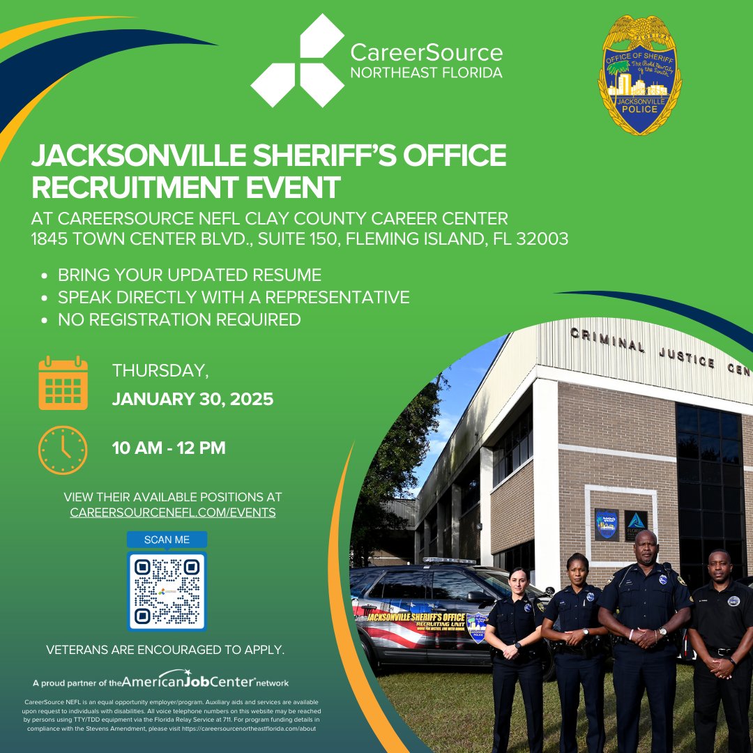 CareerSourceNEF's tweet photo. Join us for the Jacksonville Sheriff’s Office Recruitment Event - CSNEFL Clay County Career Center!
Date: Jan. 30, 2025, at 10 am - 12 pm
View available positions: https://t.co/YVDOgvAlXk
#getajob #veterans #jaxjobs #careersourcenefl #joinjso https://t.co/idljnoJM4w
