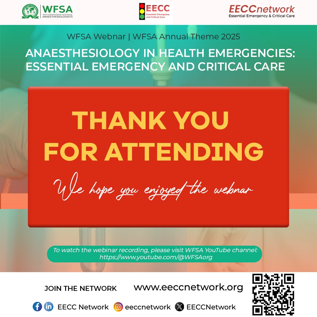 Thank you for attending Anaesthesiology in Health Emergencies: Essential Emergency and Critical Care.

We hope you enjoyed the event.

To watch the webinar recording, please visit WFSA YouTube channel: youtube.com/@WFSAorg

#eeccnetwork #savinglife